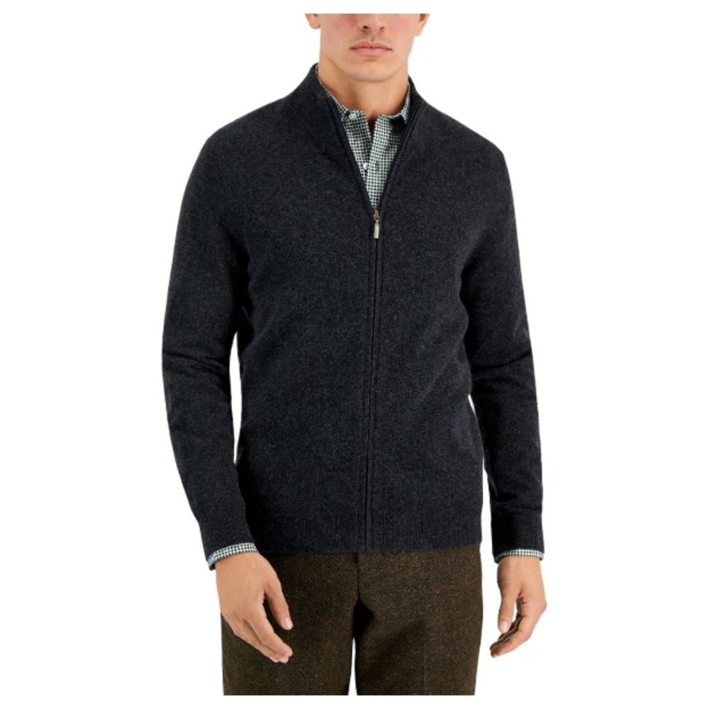100% Cashmere Club Room Mens Full-Zip Cardigan Sweater Charcoal Heather L